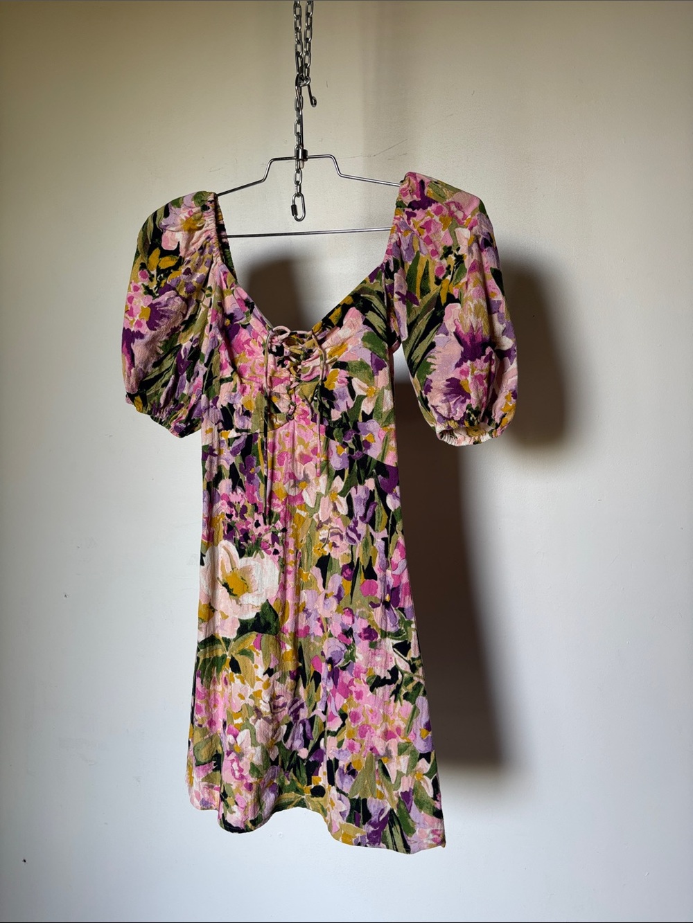 🦄 Sale! Zara Linen Mini Dress Floral Print Smocked Back Tie Front